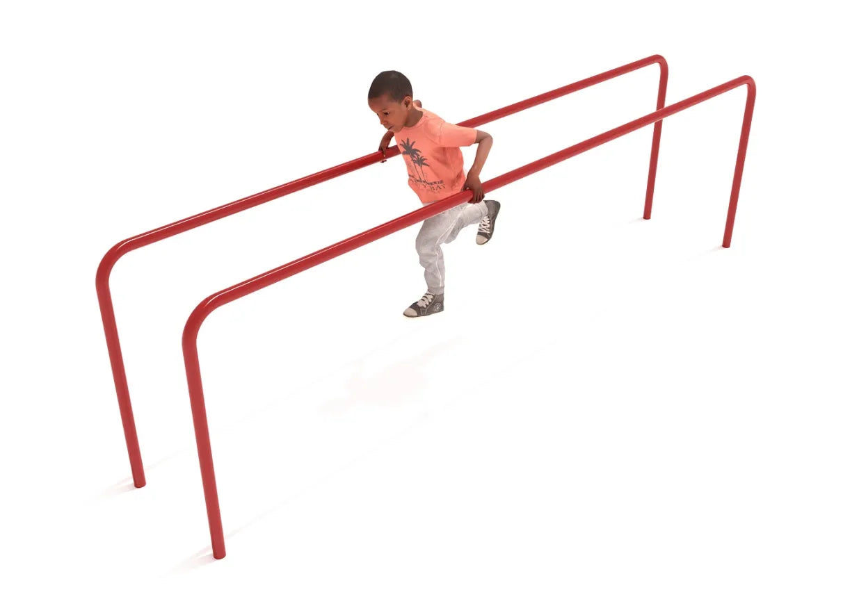 Child using red parallel training bars for playground fitness and strength building