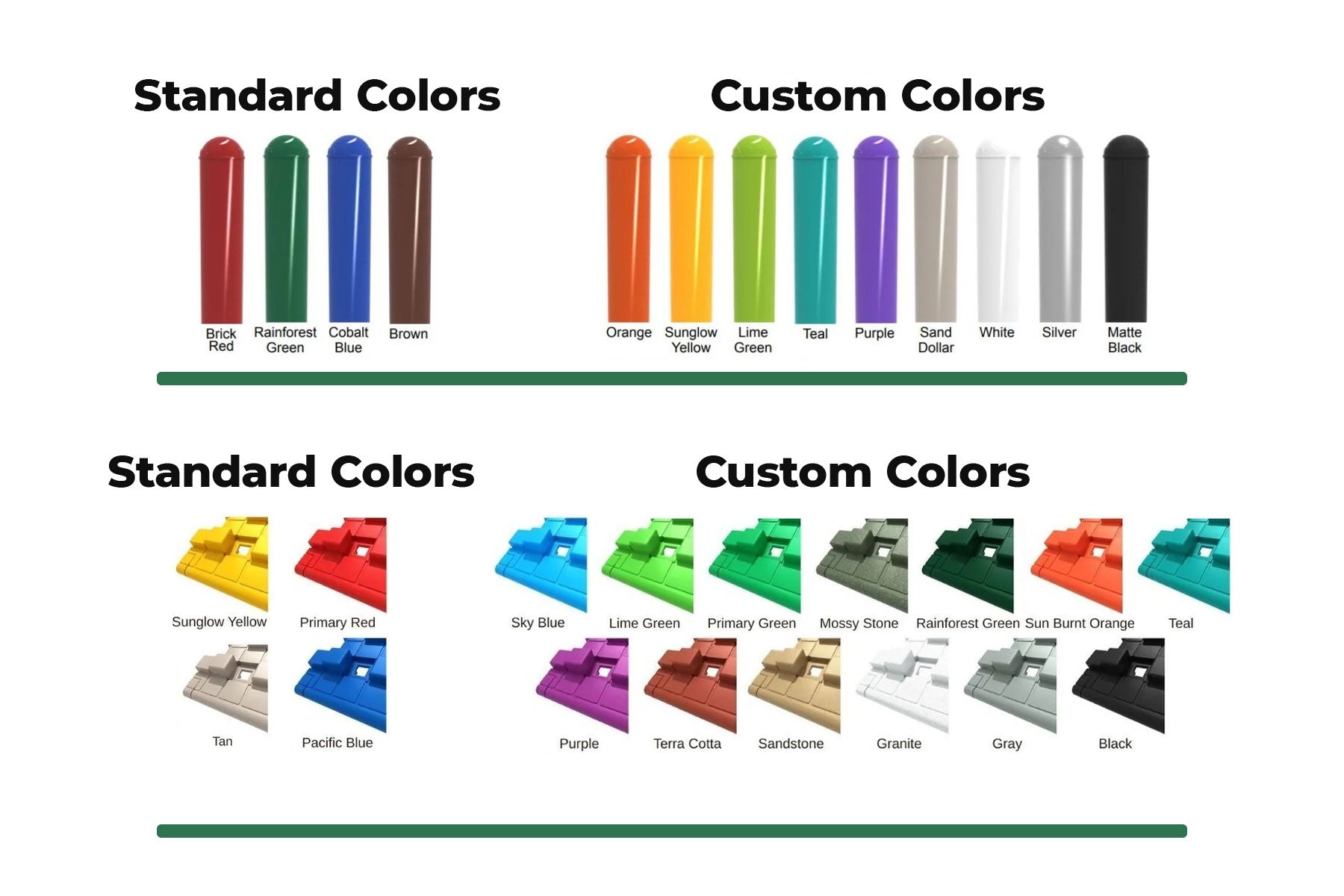 Color swatches and corner pieces for durable playground spinning equipment in vibrant standard and custom shades