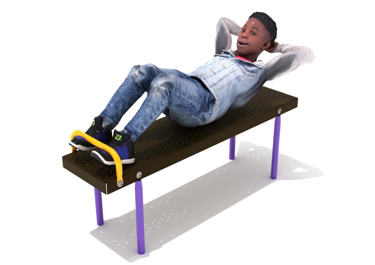 Child in denim and sneakers using a brown steel sit-up bench with purple legs and yellow foothold for core exercise