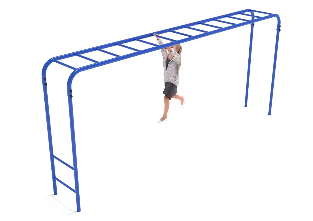 Blue steel overhead climbing ladder with multiple rungs and a child ascending, playground fitness equipment for kids