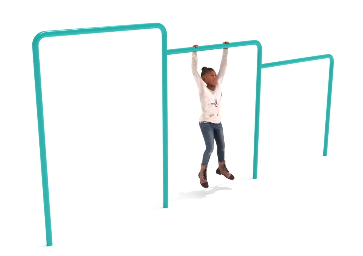 Child hanging from middle of three turquoise uneven playground agility bars designed for upper body strength and coordination