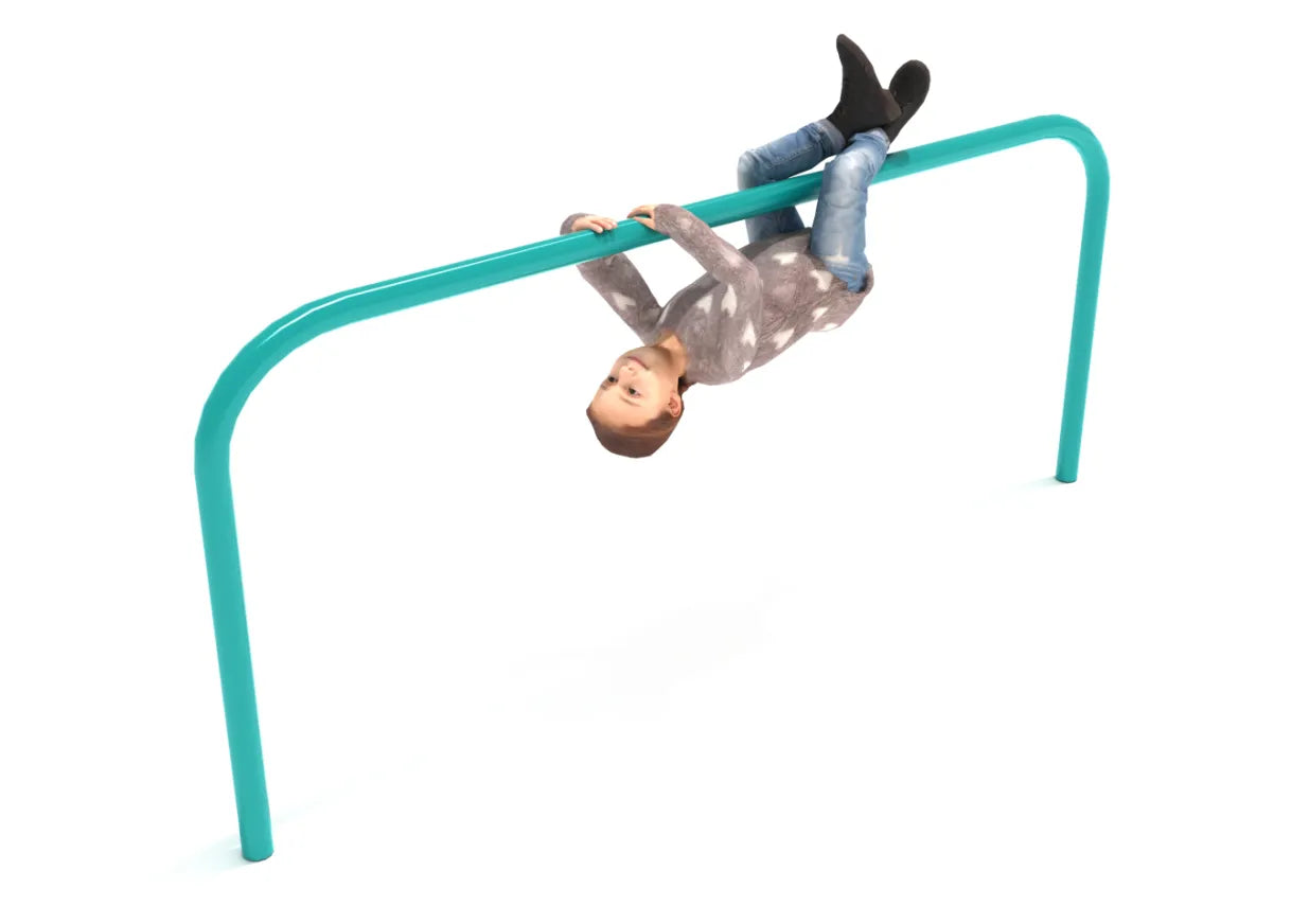 Child hanging upside down on teal galvanized steel vaulting bar, demonstrating playground fitness activity and strength building