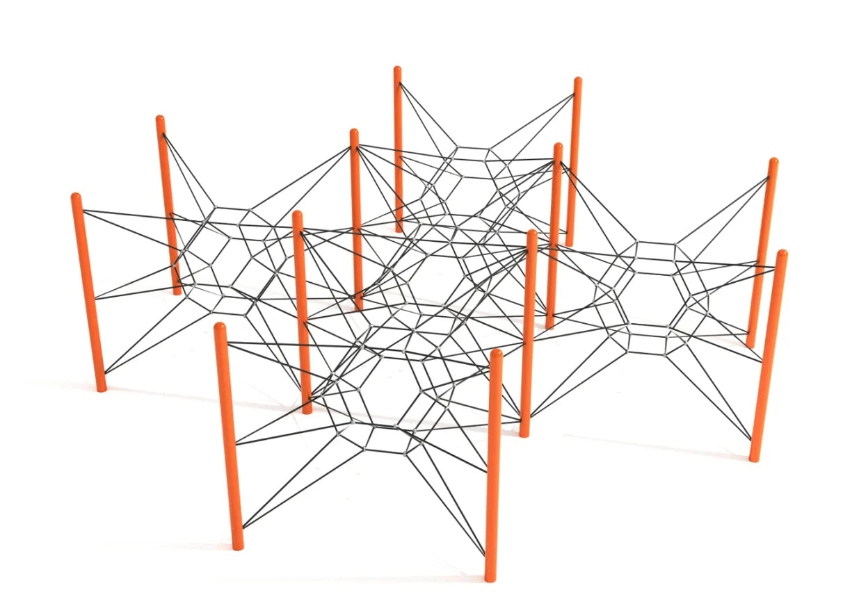Constellation Station Net Climber with interconnected black star-shaped climbing nets and bright orange support posts