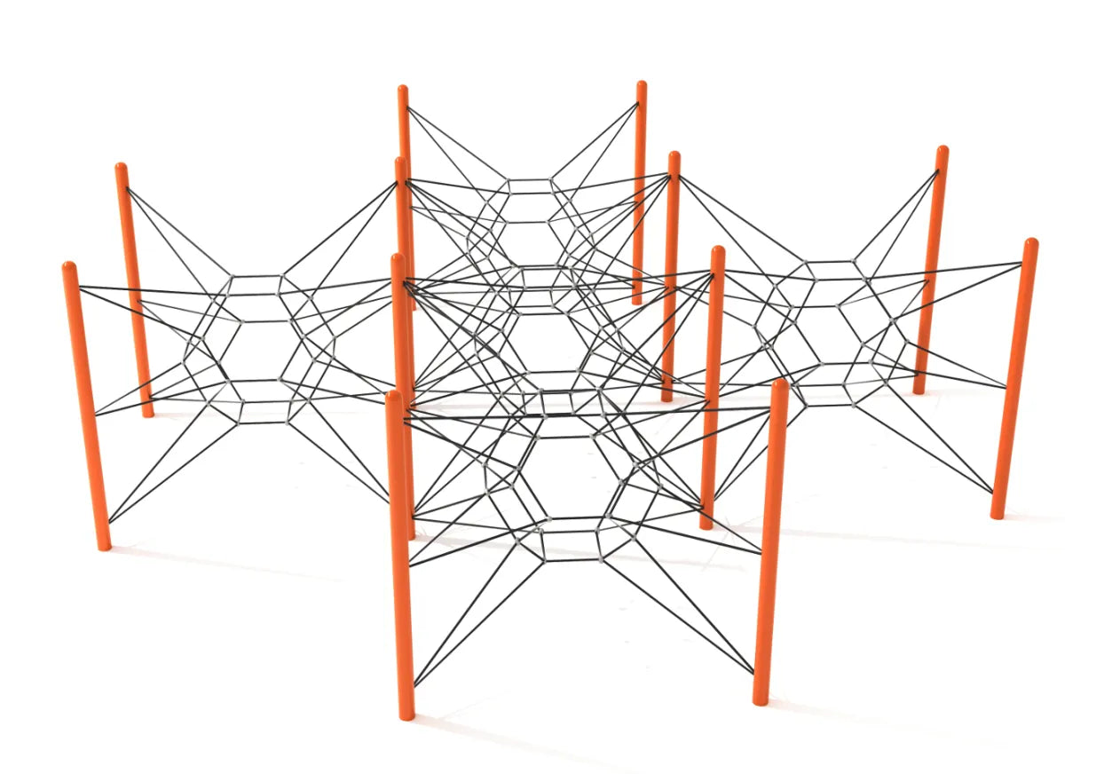 Five interconnected star-shaped rope climbing nets supported by bright orange posts in a playground structure