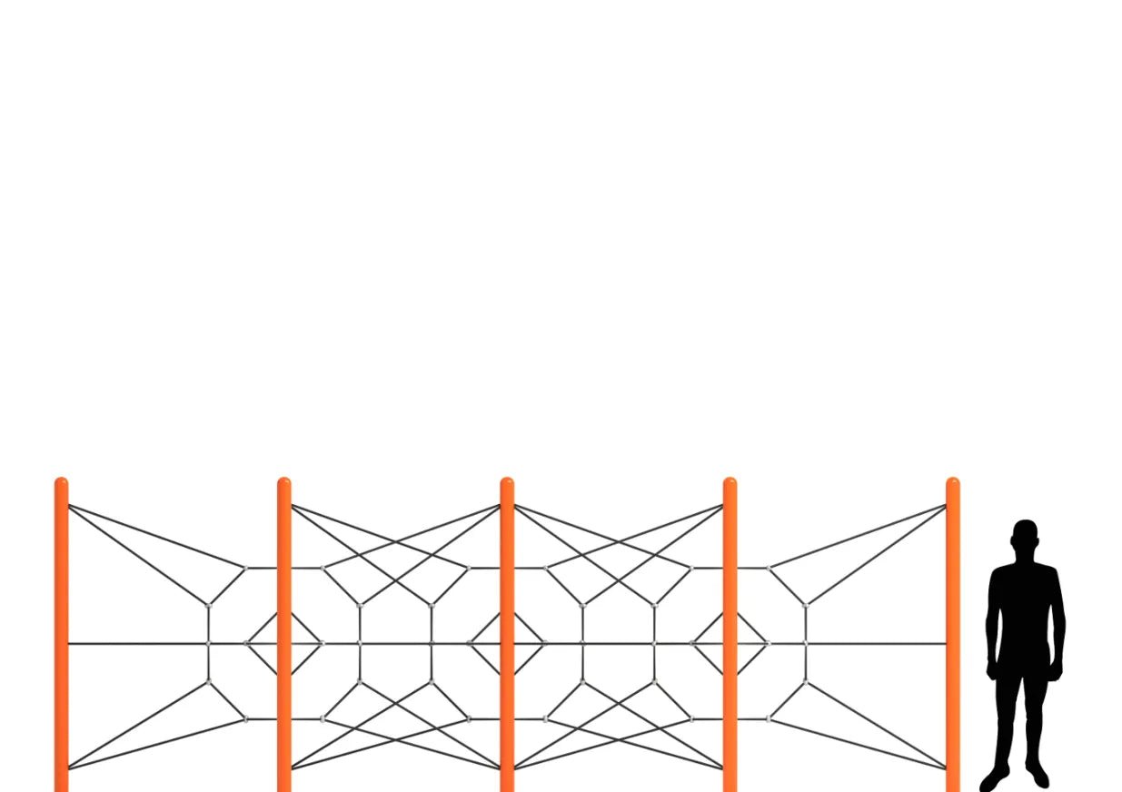 Side view of playground net climber with five interconnected star-shaped rope nets and bright orange support posts, human silhouette nearby