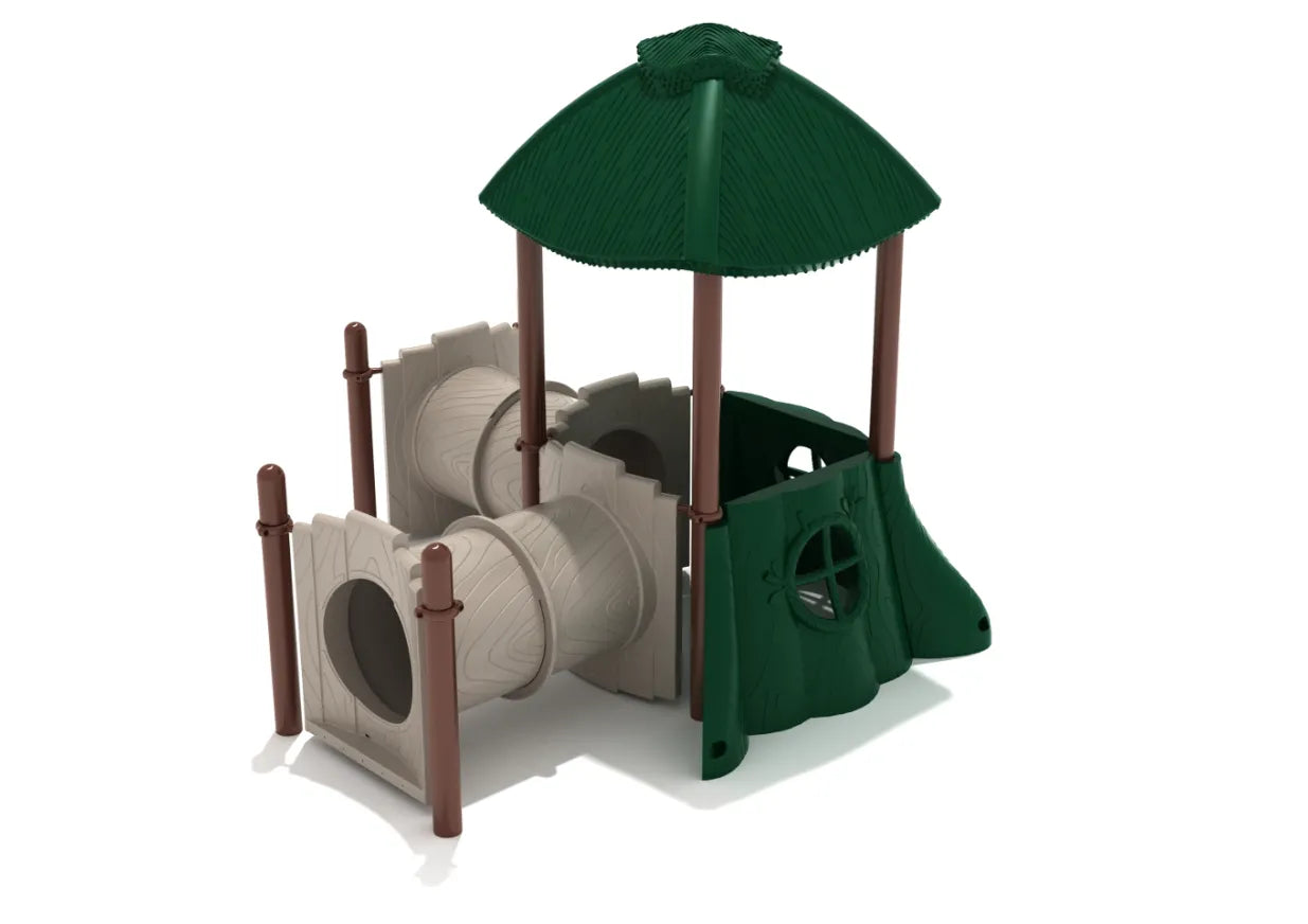 Treetop Connection Playground with forest-themed trunk tunnels, whimsical stump windows, and a green clubhouse roof for imaginative outdoor play