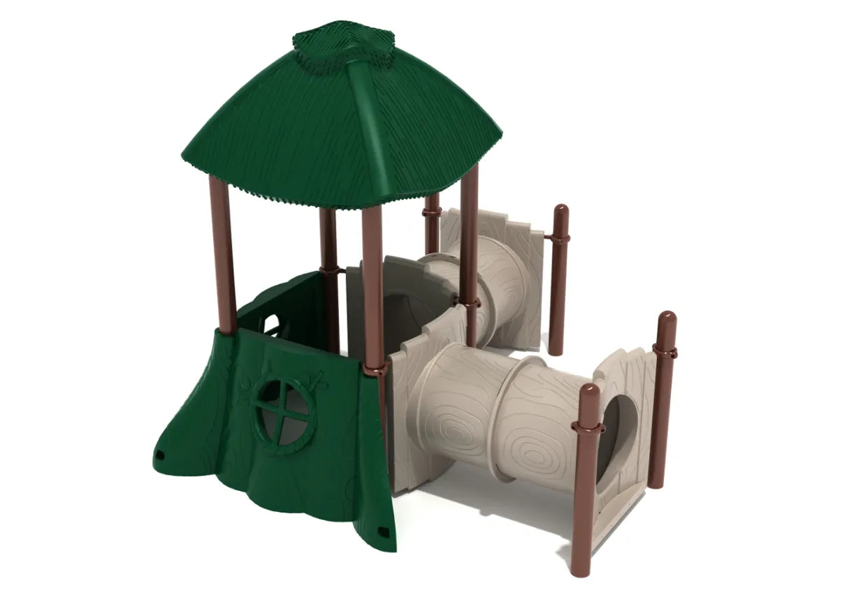Forest-themed playground with green clubhouse roof, trunk-like tunnels, and whimsical stump windows for imaginative play.