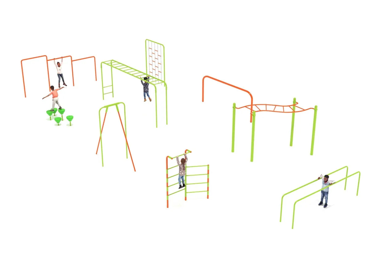 Children playing on colorful outdoor fitness stations including climbing ladders, monkey bars, balance pods, and parallel bars