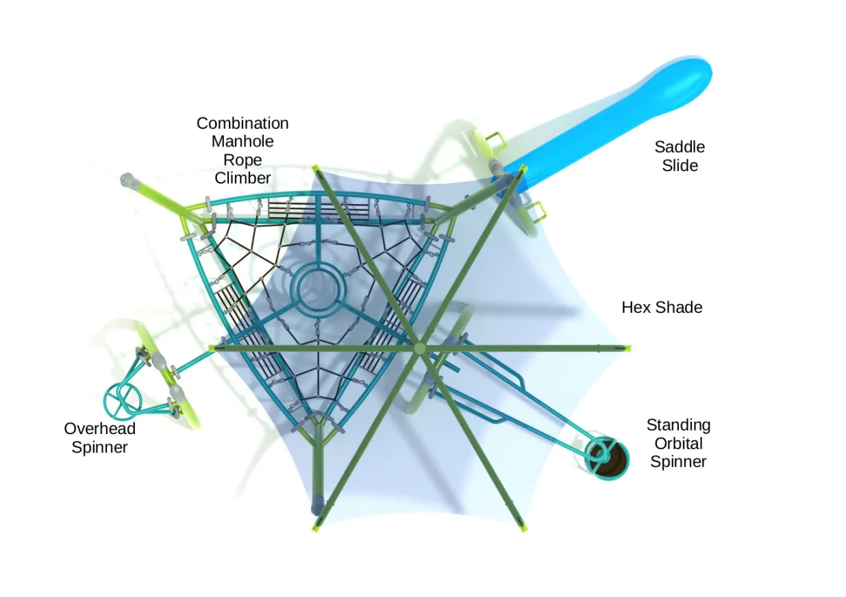 Overhead view of playground with rope climber, saddle slide, hex shade, overhead spinner, and standing orbital spinner