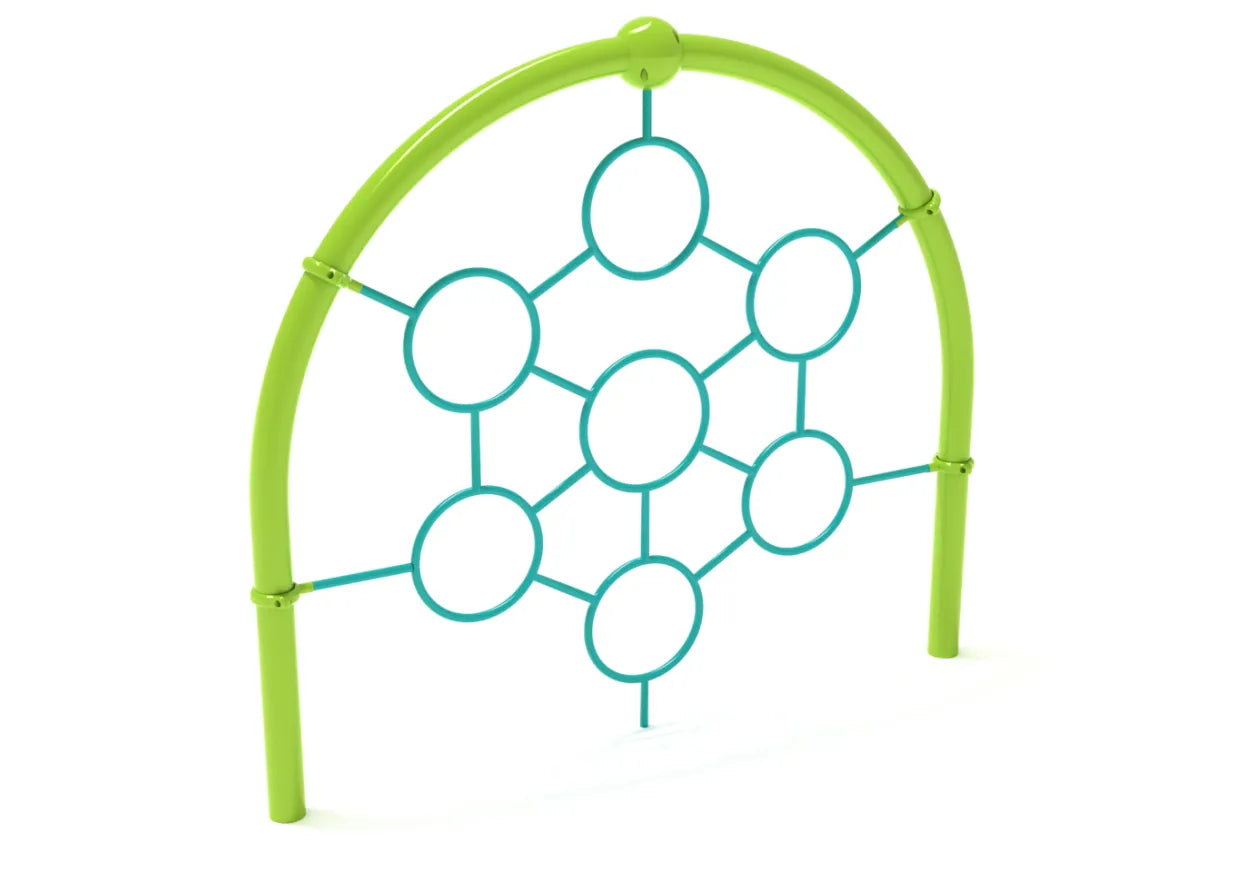 Bright green arch climber with interconnected blue circular rings for climbing and play on playgrounds.