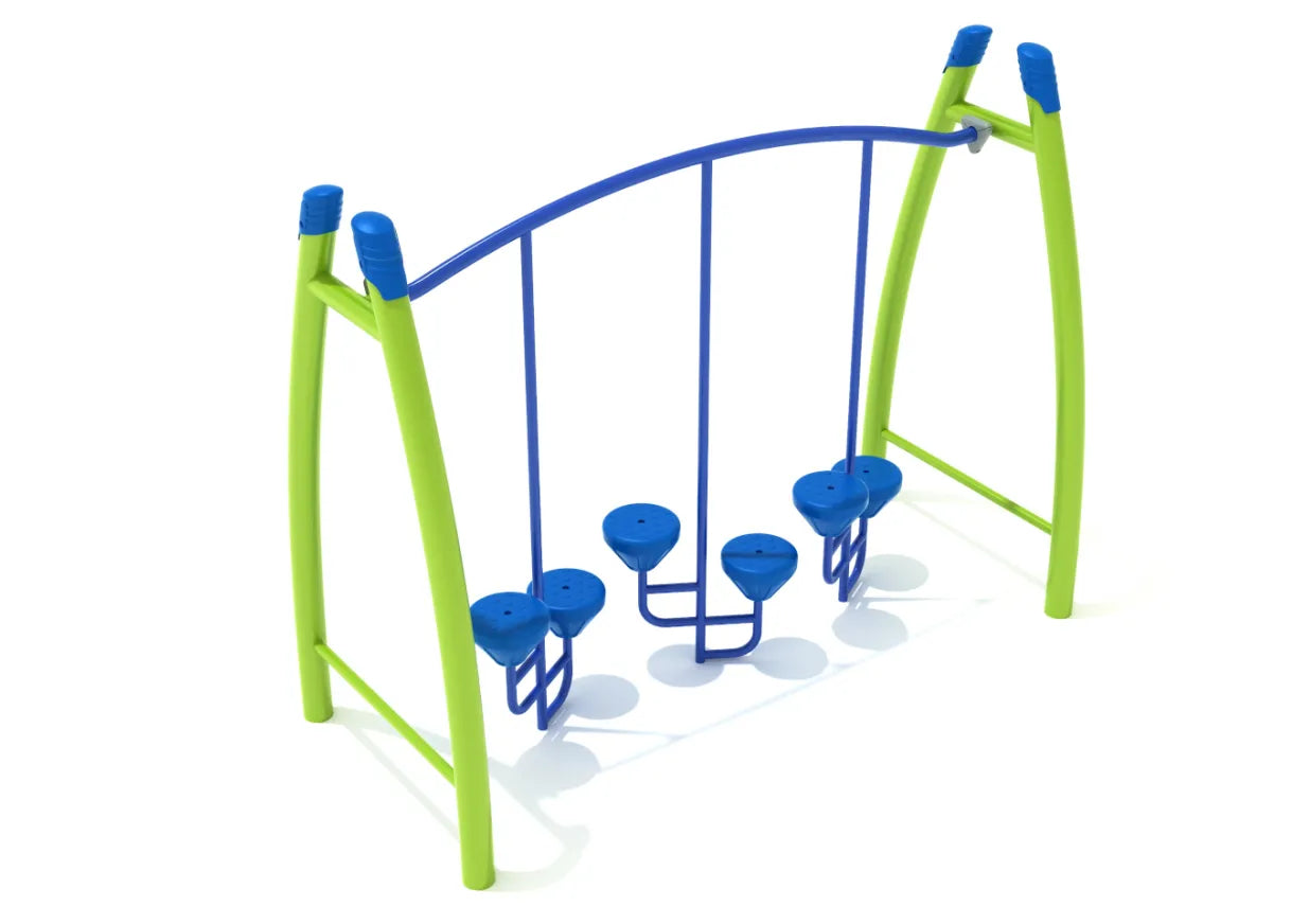 Curved green arched climbing bridge with six blue textured stepping pebbles for playground balance and coordination