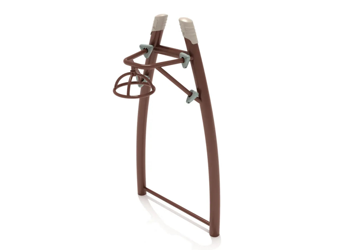 Curved Post Overhead Spinner playground fitness equipment with brown curved post and circular overhead spinner mechanism