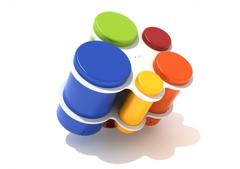 Colorful honeycomb-shaped percussion drums with vibrant circular drumheads in green, red, blue, orange, and yellow