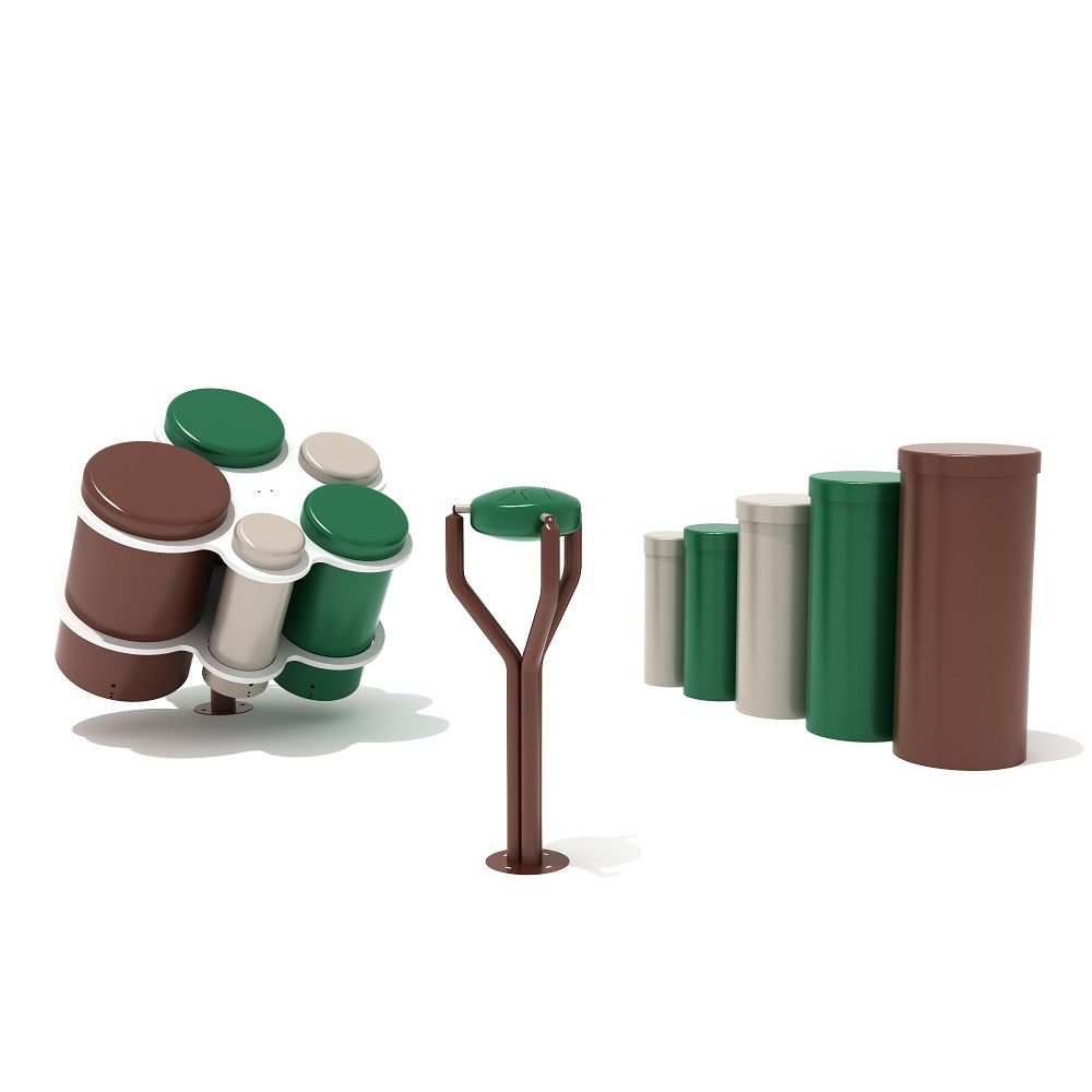 Outdoor musical percussion set with standing drums, honeycomb hand drums, and treble tongue drum in green, brown, and beige tones