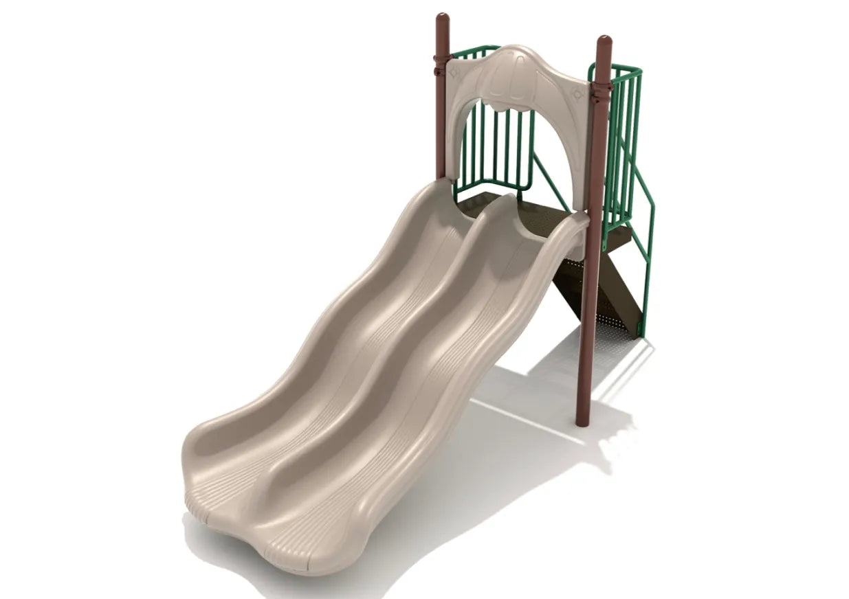 4-feet Double Wave Freestanding Slide with dual beige wave lanes, green guardrails, brown support posts, and stairs