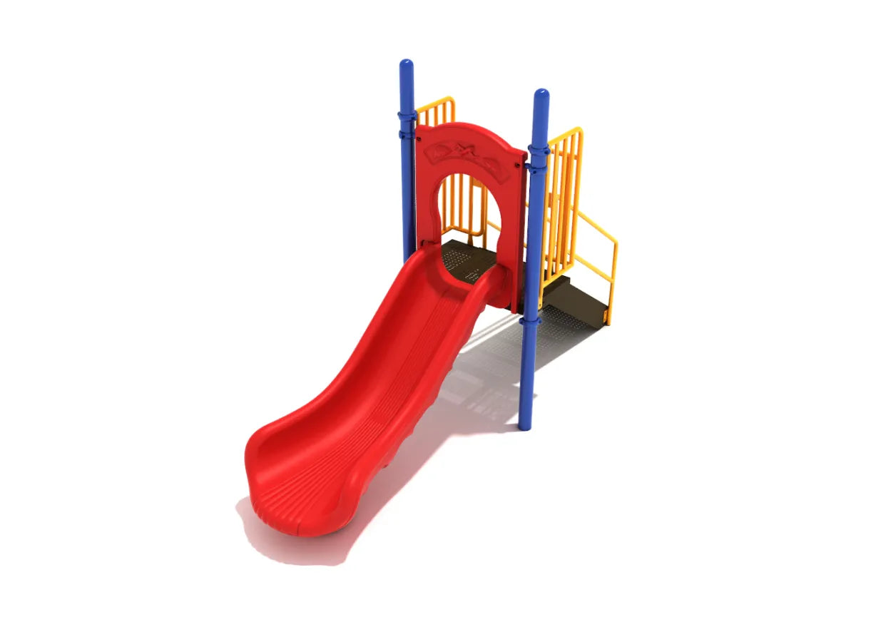 Compact freestanding playground slide with red sliding surface, blue support posts, yellow guardrails, and textured steps