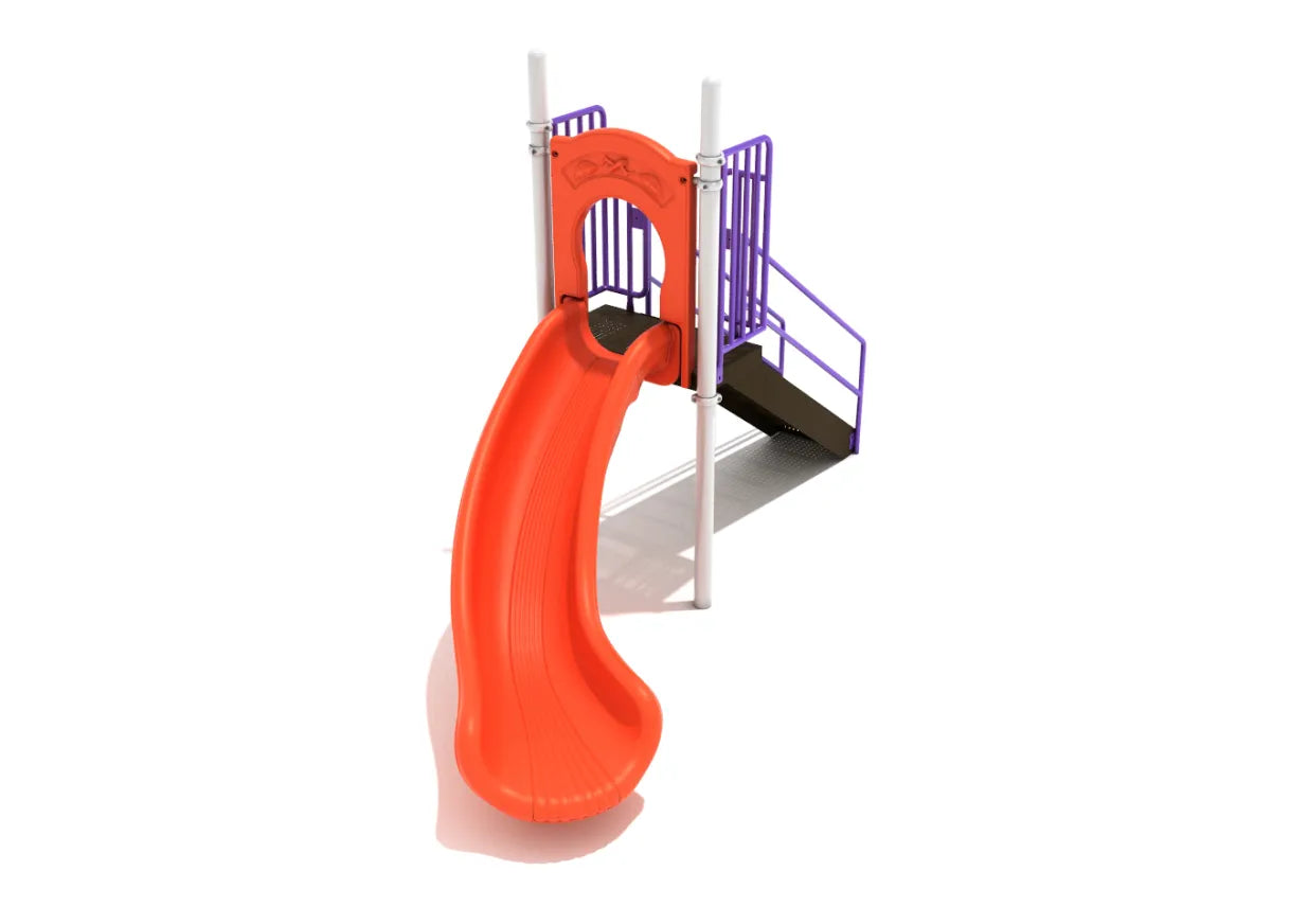 4 Foot Left Turn Freestanding Slide with bright orange curved slide bed, purple guardrails, white posts, and black platform stairs