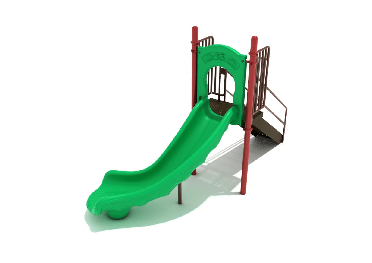 4 Foot Freestanding Right Turn Slide with green curved chute, red posts, brown steps, and guardrails for playgrounds