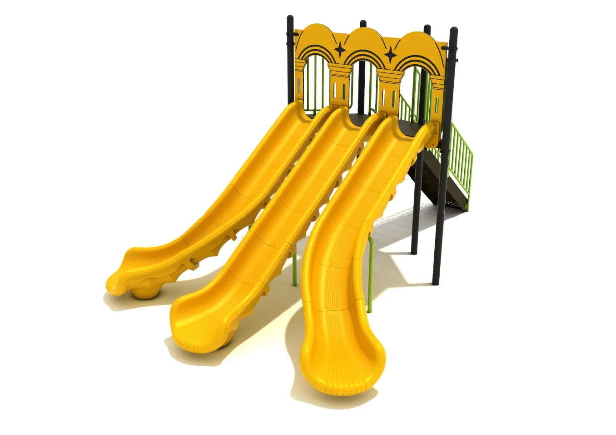 6 Foot Freestanding Triple Sectional Split Slide with three yellow side-by-side chutes, elevated platform, stairs, and decorative arch panel