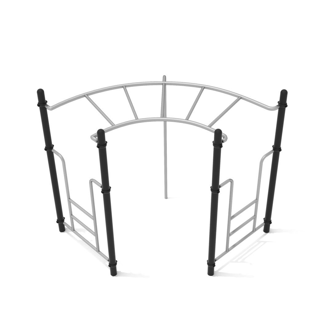 Overhead view of Curve Rung Horizontal Ladder climbing equipment with curved silver rungs and black support posts