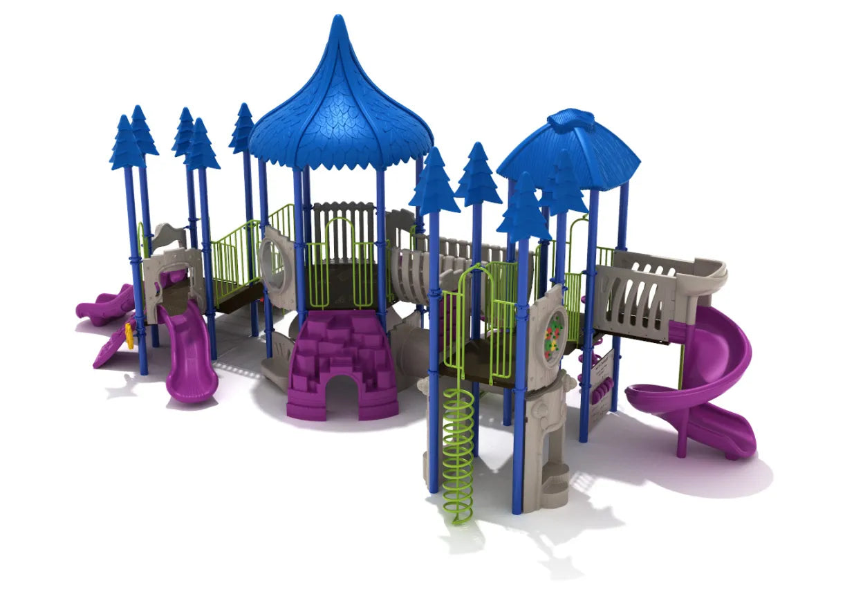 Colorful commercial playground with blue treehouse roofs, purple slides, green climbers, and interactive play panels