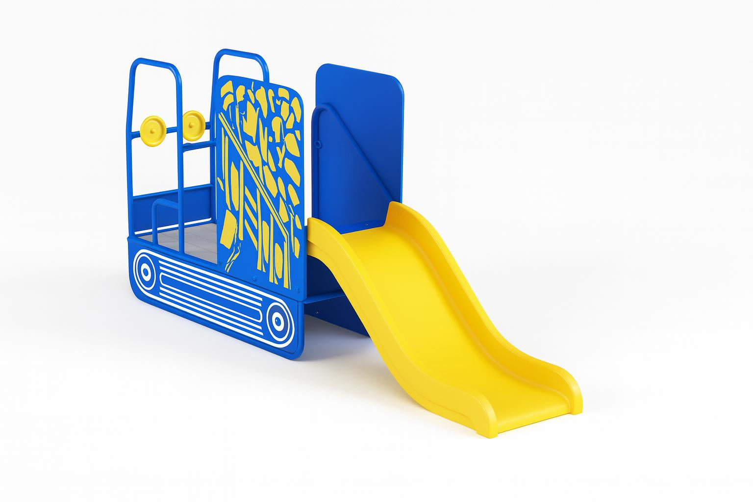 Lil Dumpy Slide compact blue and yellow dump truck-themed playground slide with twin steering wheels, climbing steps, and front bench on grass
