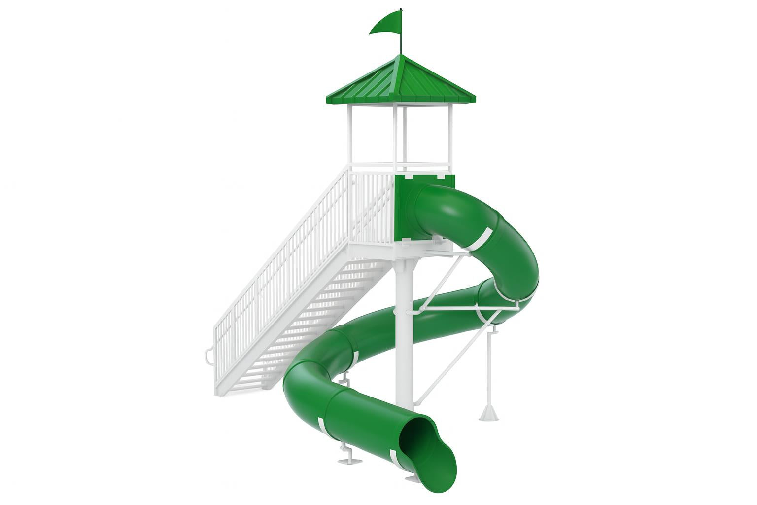 Shoshone Falls Water Slide with green spiral slide, white stairs, green roofed tower, pool, and surrounding palm trees