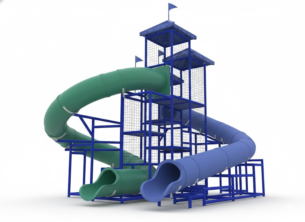 The Bering Sea Water Slide with dual curved enclosed green and blue slides and blue metal frame by a pool under clear sky