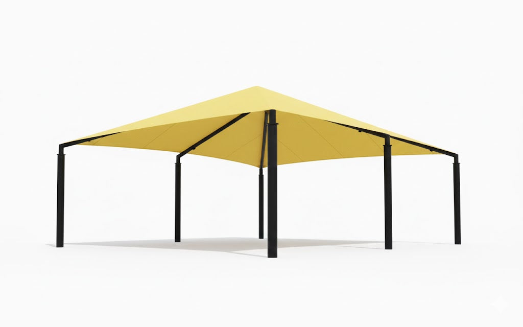 Extended Superspan Hip Roof Shade Structure with 6 black posts and yellow fabric canopy shading outdoor basketball court and park area
