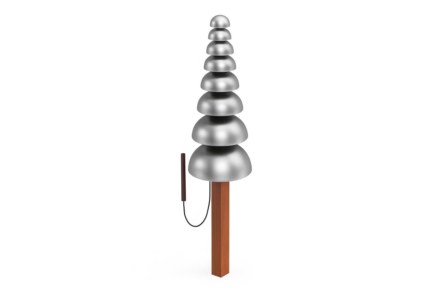 Pagoda Bells Outdoor Musical Park Instrument with tiered silver aluminum bells on wooden post, designed for outdoor play and calming tones