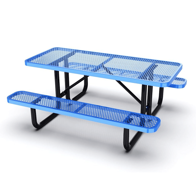 Rectangle Commercial Picnic Table with blue perforated metal top and bench seats, black sturdy frame, outdoor use