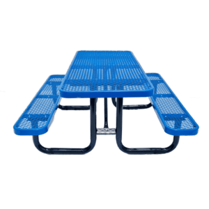 Rectangular blue commercial picnic table with perforated tabletop and bench seats, sturdy black metal frame for outdoor use
