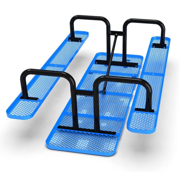 Rectangular commercial picnic table with blue perforated metal tabletop and benches, black metal frame, angled view