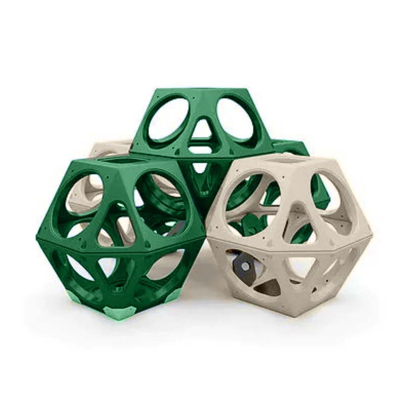 Ruby Qube Climbing Cube Cluster with five green and tan geometric climbing cubes for playground physical play and creativity