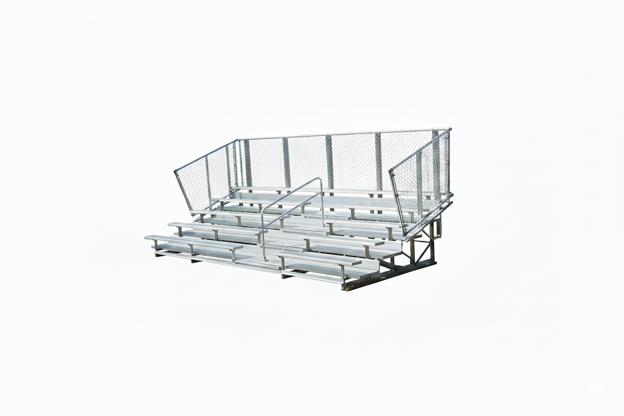 5 Row Deluxe Portable Bleachers with aluminum seats, chain-link guardrails, handrail aisle, and transport wheels on grass field
