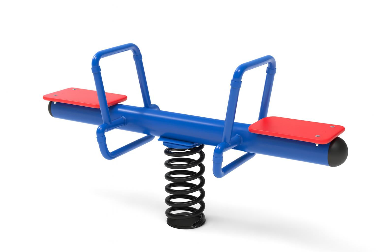 Teeter Spring Rider with blue frame, red seats, and black coil spring base on wood chip playground surface