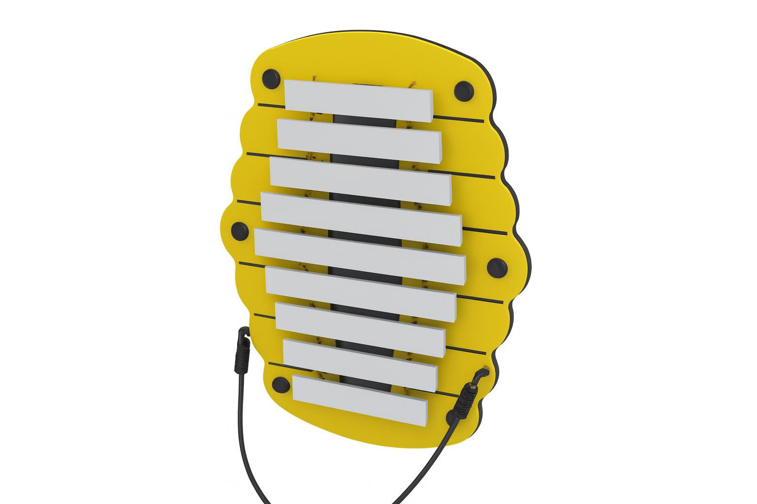 Harmony Hive beehive-shaped outdoor metallophone with white bars and tethered mallets, mounted on brick wall, child’s hands playing