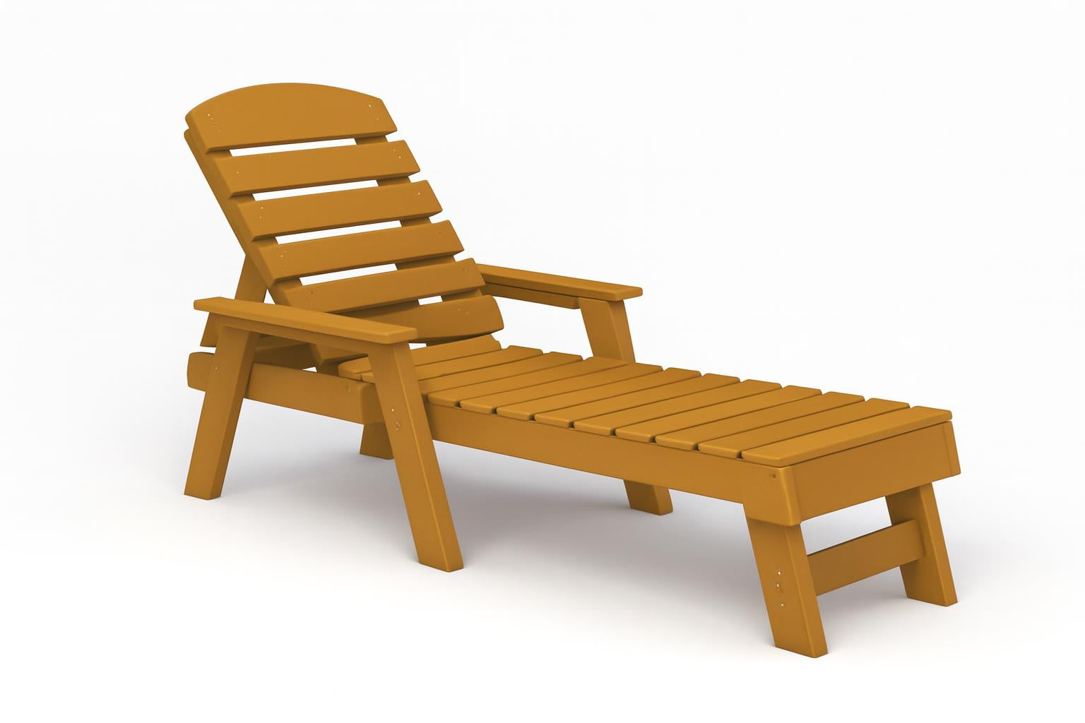 Pensacola Recycled Plastic Adirondack Lounger in cedar color with slatted back, armrests, and extended footrest, angled view