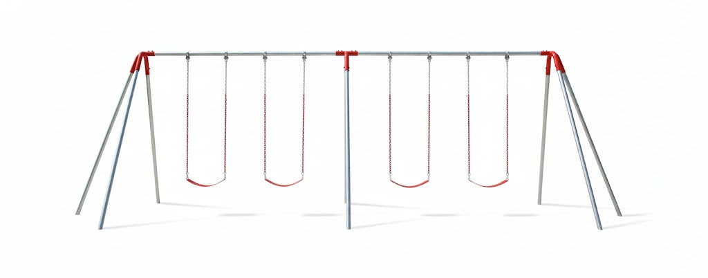 Heavy Duty 10 Foot High Swing Set with sturdy silver frame and four red swings, including two belt and two toddler seats on grass