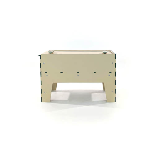 Elevated beige HDPE sandbox with hinged lid and sturdy legs designed for mess-free outdoor play