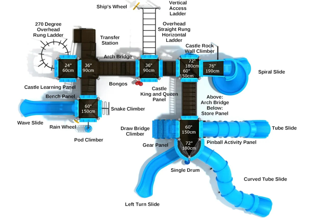 Overhead view of a large castle-themed playground with slides, climbers, bridges, and interactive play panels