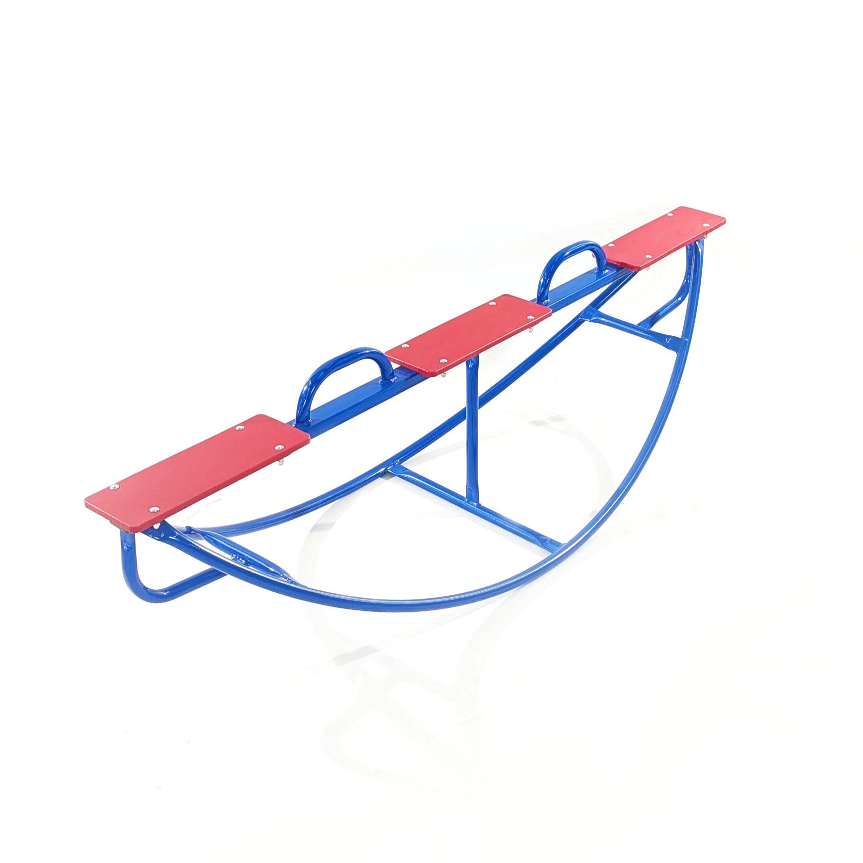 Portable See Saw with blue powder-coated steel frame, red seats, three seats, and safety handlebars on white background