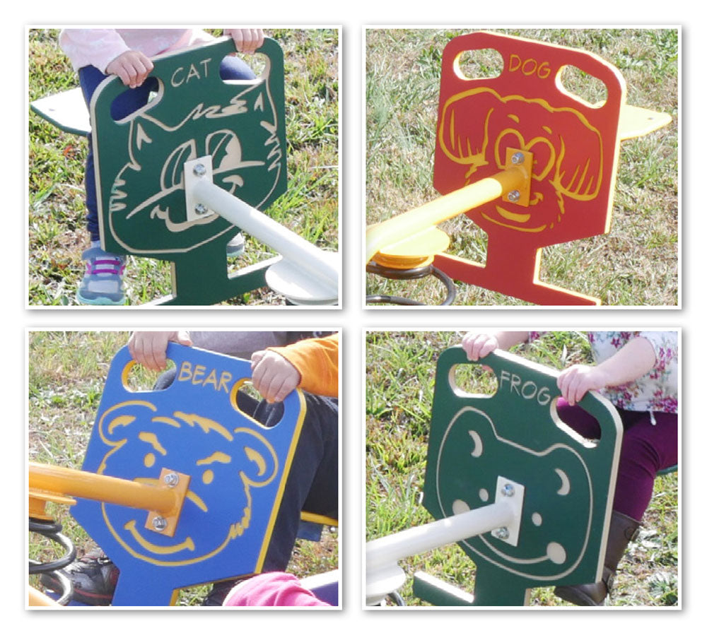 Four-person outdoor spring rider with colorful cat, dog, bear, and frog animal faces and handles for group play