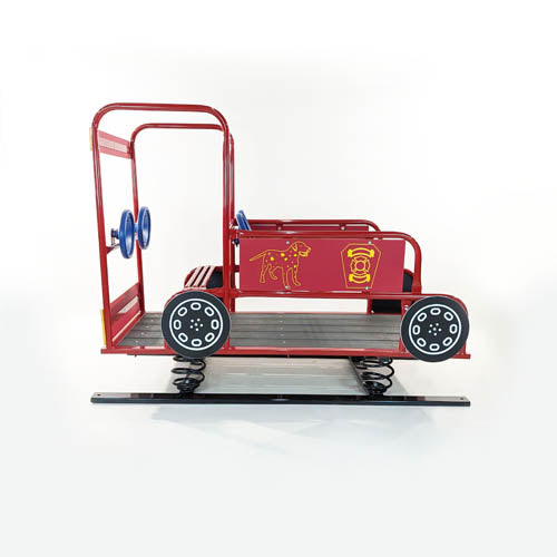 Red spring rider shaped like a fire truck with blue steering wheels, dog and fire hydrant graphics, designed for playground use