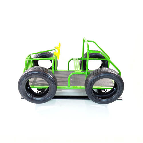 Green metal spring rider shaped like a jeep with black tires and two yellow plastic steering wheels for outdoor play
