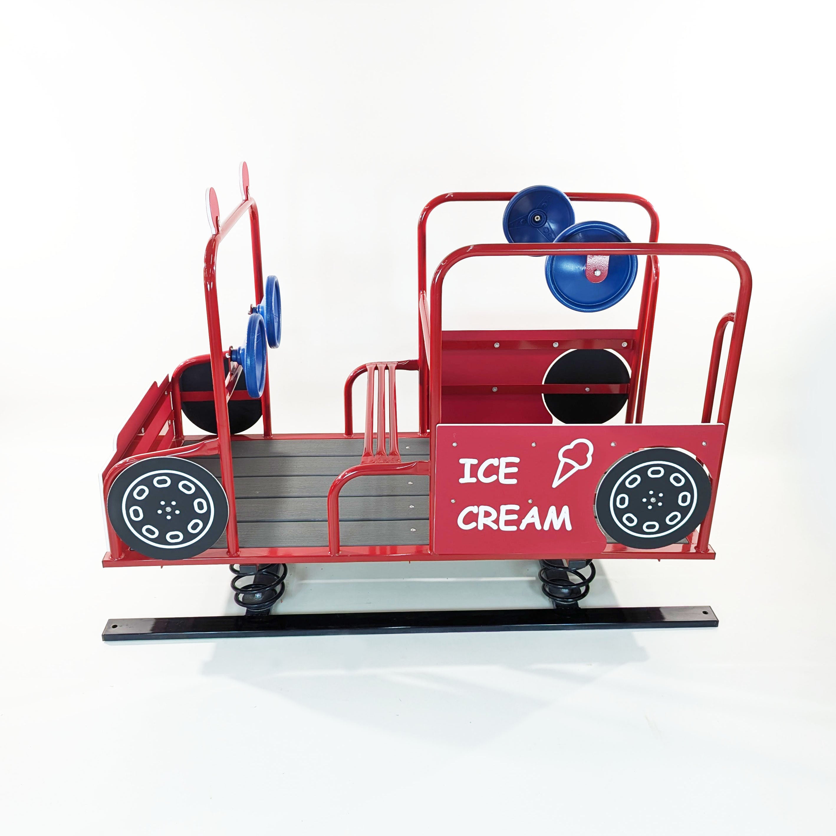 Ice Cream Truck Spring Bouncer with red steel frame, blue plastic steering wheels, black spring base, durable HDPE panels for playground use