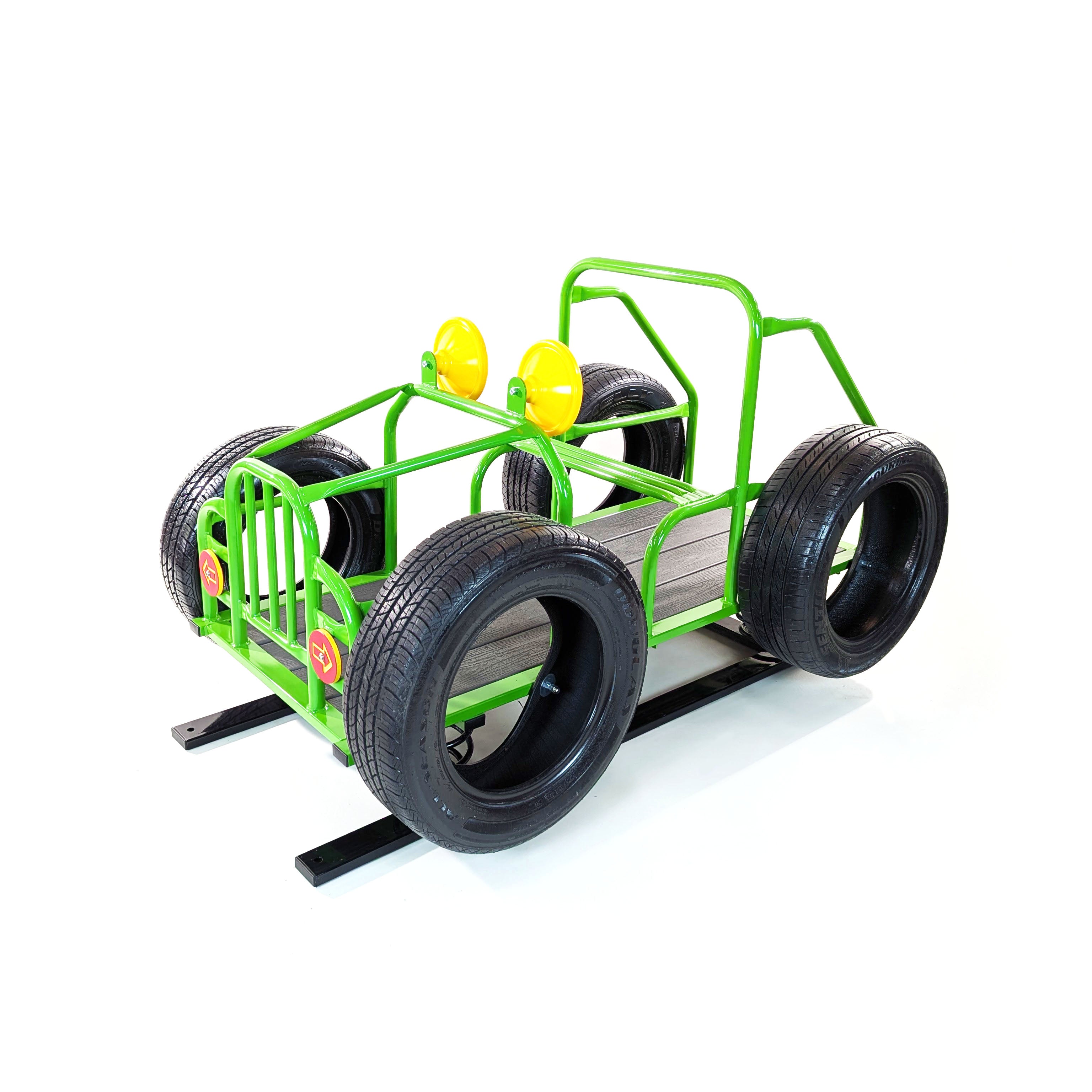 Jeep Spring Bouncer with green powder-coated steel frame, black tires, yellow plastic steering wheels, and composite deck floor