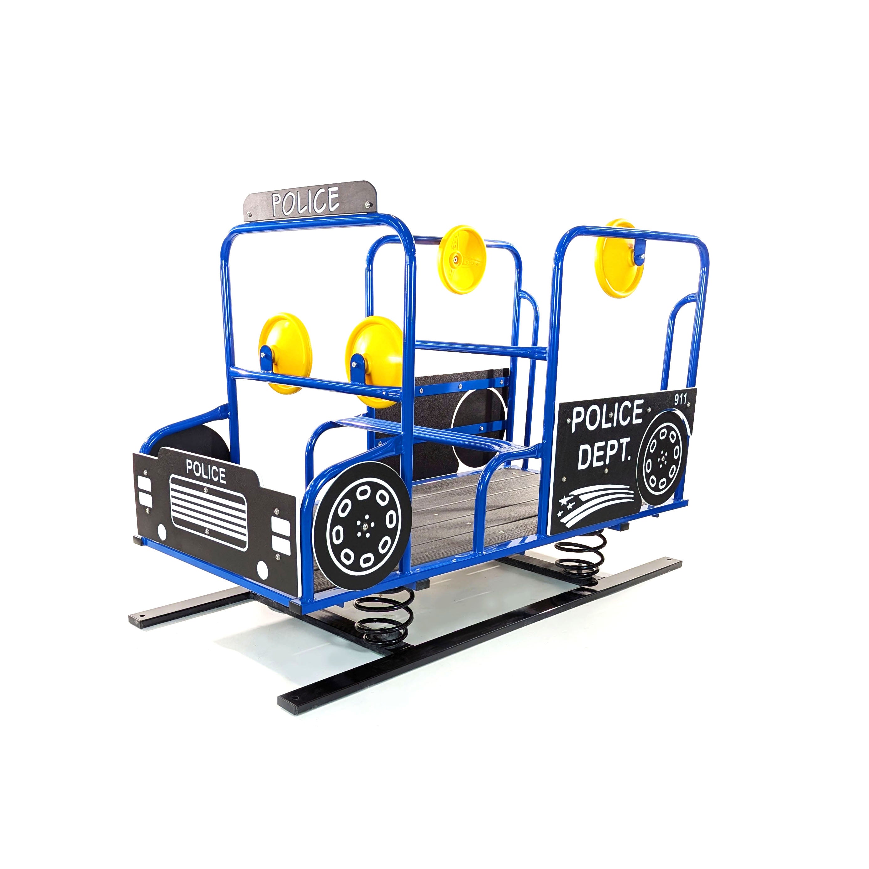 Police Truck Spring Bouncer with blue steel frame, black HDPE panels, yellow steering wheels, and spring base for outdoor play