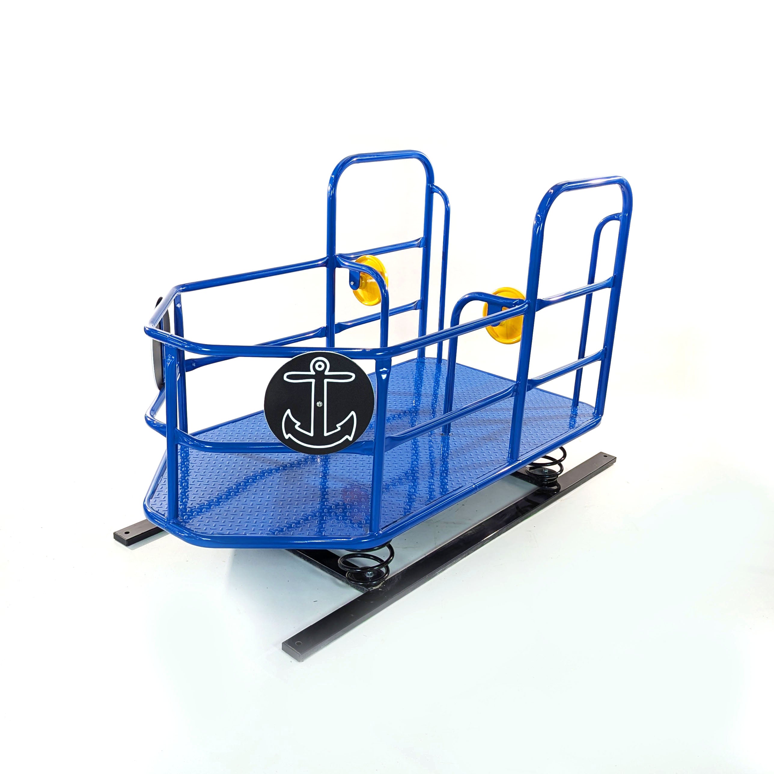 Tug Boat Spring Bouncer with blue powder-coated steel frame, black anchor emblem, and dual yellow plastic steering wheels on springs