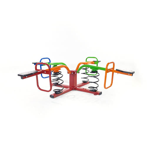 Colorful four-seat metal spring rider playground toy with handlebars and footrests for bouncing play